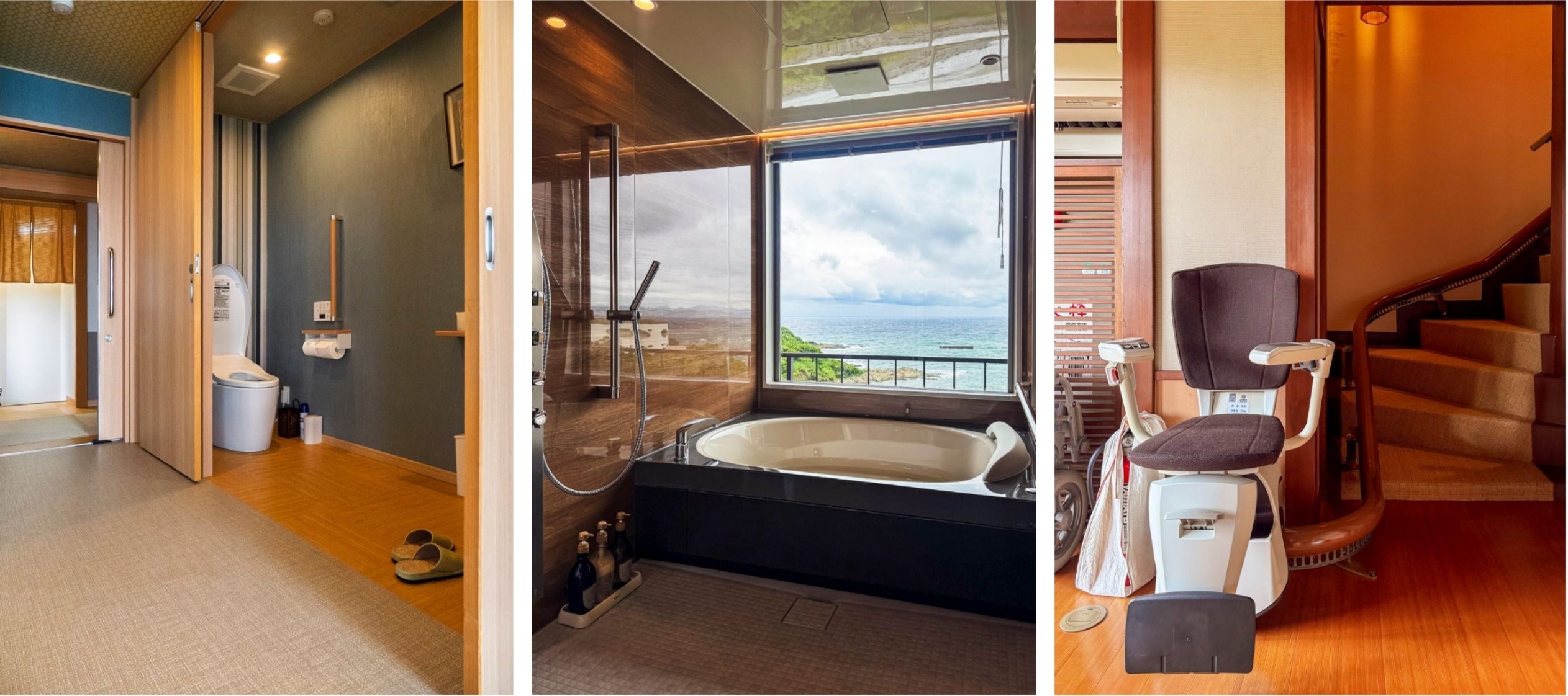 Universal design facilities at Hotel Sunosaki Kazenosho, including an accessible guest room, private bath with an ocean view, and stair lift
