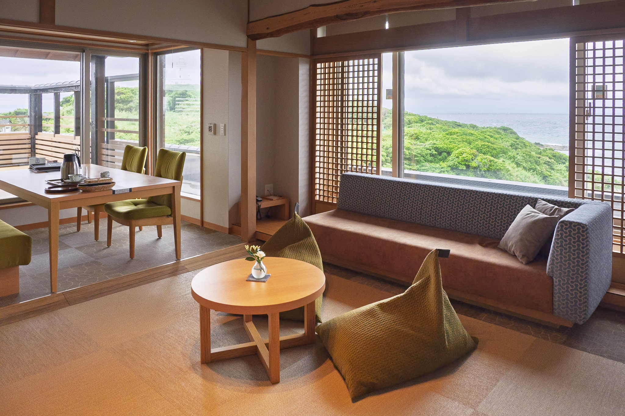 Narai Room at Hotel Sunosaki Kazenosho in Tateyama, Chiba, with a tatami living area and ocean views